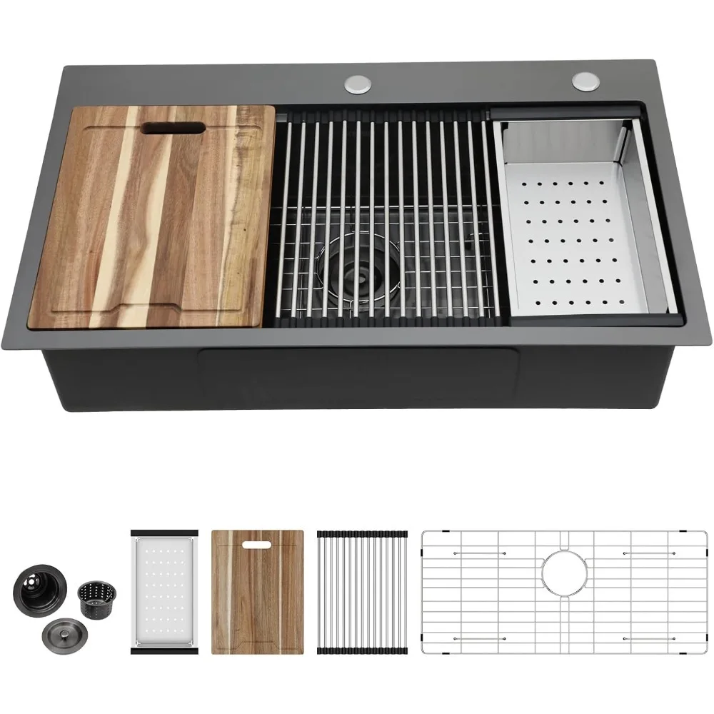 

Кухонная рабочая станция — черная кухонная мойка из нержавеющей стали, верхнее крепление, кухонная раковина с одной чашей и закругленными углами, черная