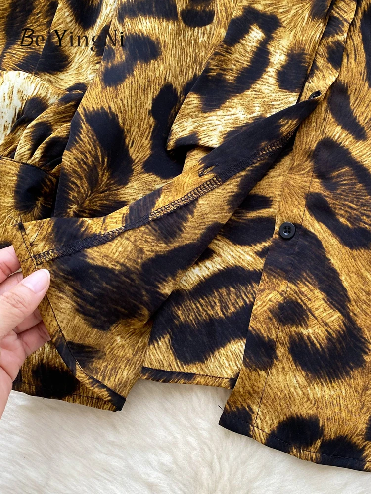 Beiyingni Volwassen Kantoor Dames Shirts Elegant Casual Volledige Mouw Knoppen Blusas voor Vrouwen Luipaard Print Losse Lace-up Tops 2025