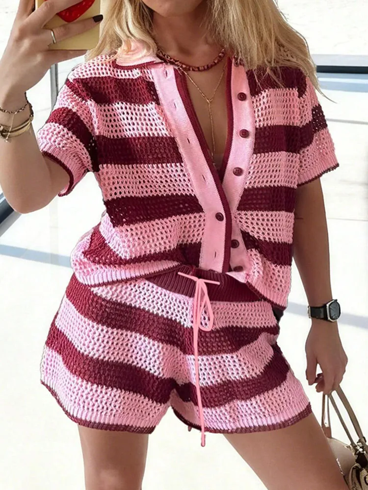 

Summer Casual Knitted Holiday Outfit Women's Lapel Collar Button Shirt and Shorts Two Piece Set Striped Printed Loose Beach Suit