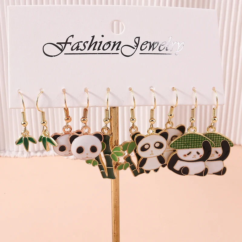 Aihua 5 Paar/Set Niedliche Ohrringe Sets Liebliche Emaille Kung Fu Panda Bambus Ohrringe für Frauen Geburtstagsparty Schmuck Geschenke – Detail 4