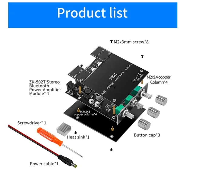 ZK-502T Amplificador De Áudio De Alta Potência, Receptor Bluetooth 5.0, Placa Estéreo, Dual Channel, 2x50W, TPA3116D2