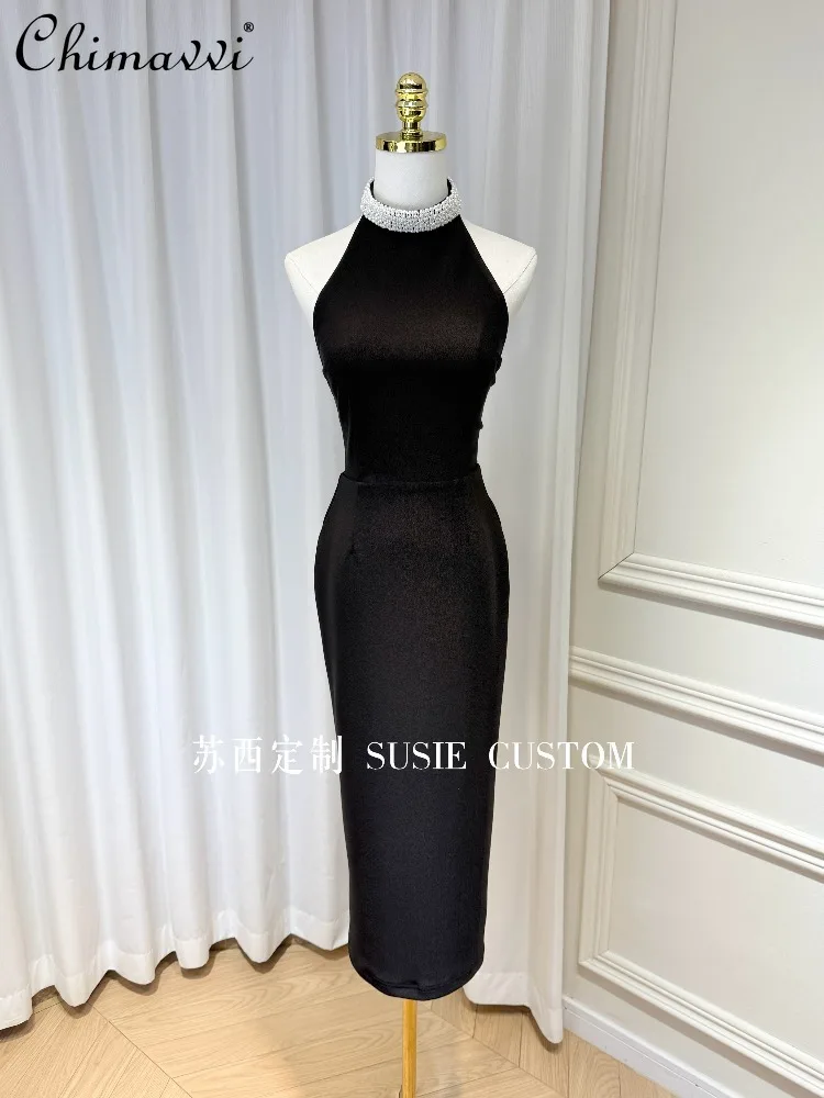 

French Elegant Socialite Sexy Bodycon Dresses Beaded Halter Neck Sleeveless Off-Shoulder Backless Black Long Evening Dress Women