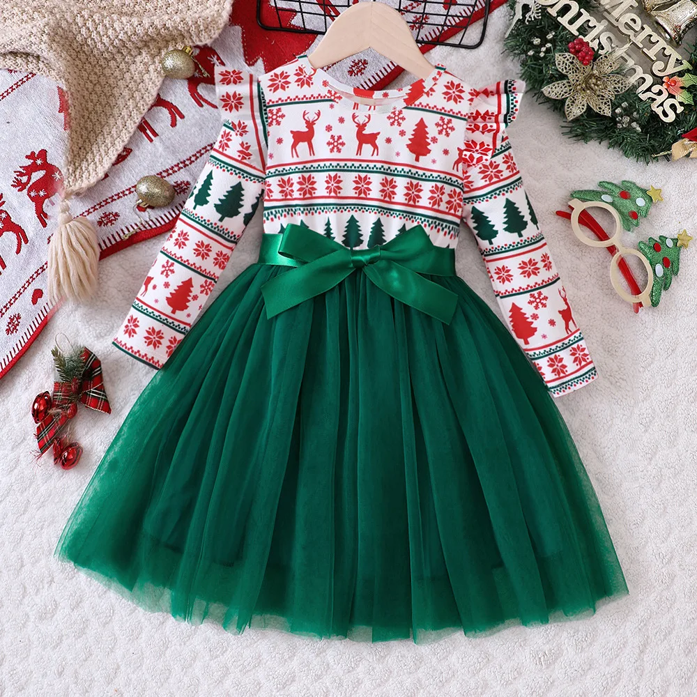

Girls' Christmas Dress Long Sleeve Outfits Toddler Girl Winter Clothes Party Dress Sheer Tulle For 2 3 4 5 6 7 Years