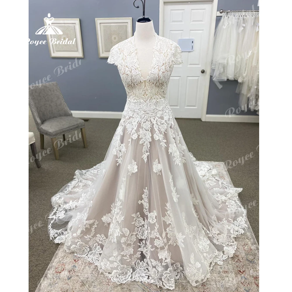 

Roycebridal Luxury Cape Sleeves Lace Boho Wedding Dress Backless Blush Pink 2024 Bata Novia Boda Sexy Beach Bridal Gowns