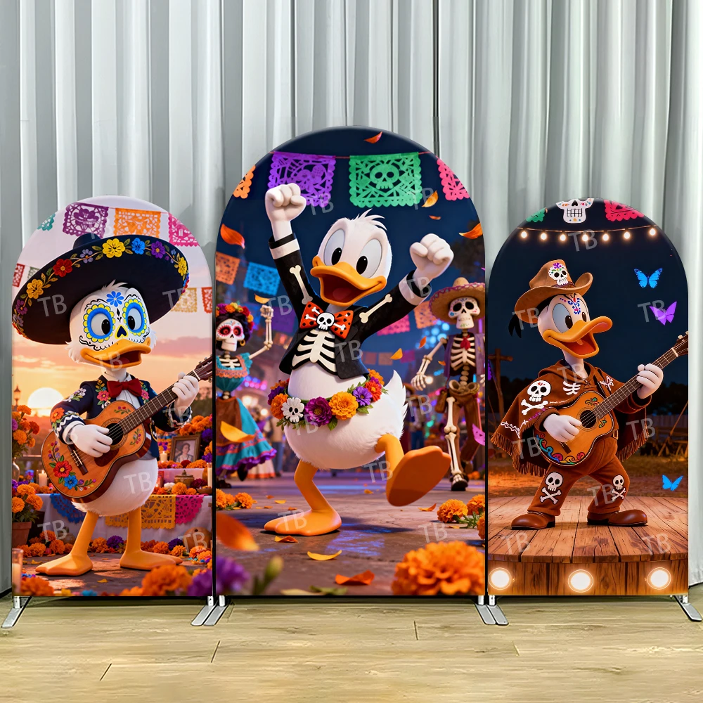 

Donald Duck Mexican Fiesta Arch Backdrop Cover Guitar Scene For Kids Birthday Party Vibrant Cartoon Theme Photo Booth Decor Prop