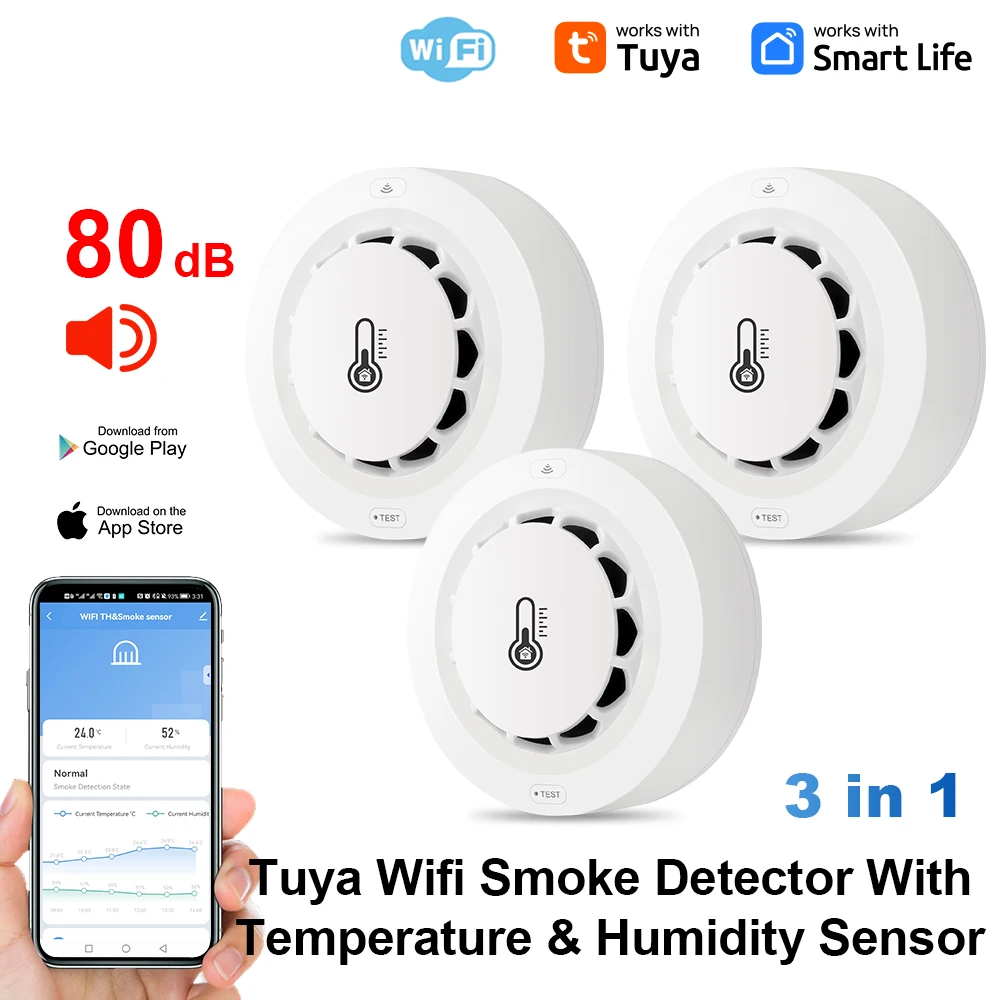 Tuya Wifi BT Rookmelder met twee aansluitingen Temperatuur-vochtigheidsmeetapparaat 80dB Geluidsalarm Afstandsbediening Push Alert-functie