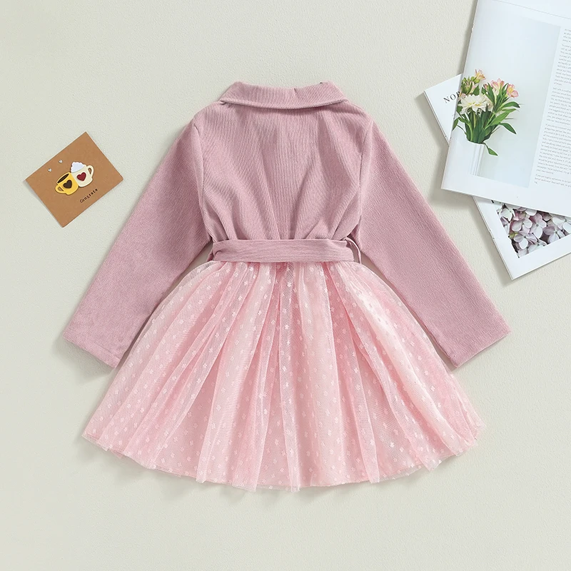 Listenwind 3-7Y Kids Girls  Fall Princess Dress Wedge Block Pattern Mesh Patchwork Turn-Down Collar Long Sleeve Dress with Belt