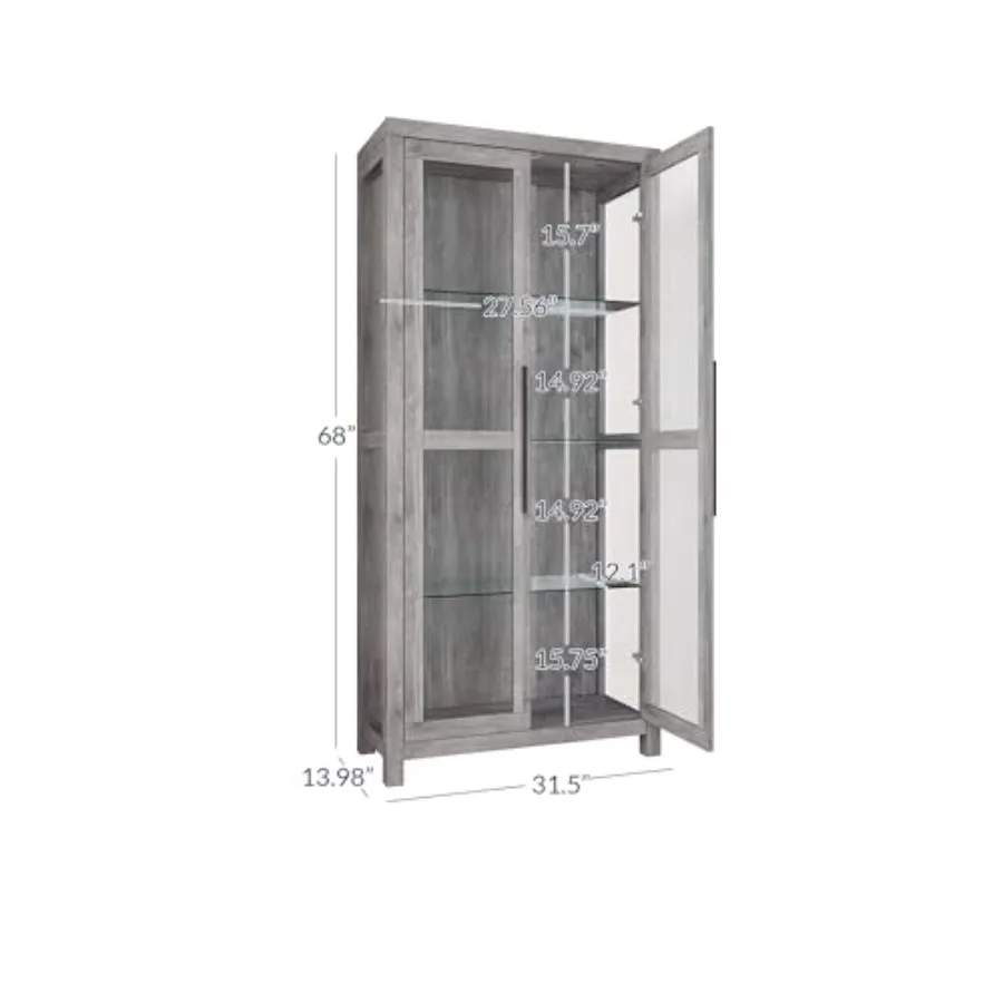 68 Avalon Glass Display Cabinet for living room - Gray Wash wood finish, tempered glass doors, modern minimalist design view 3