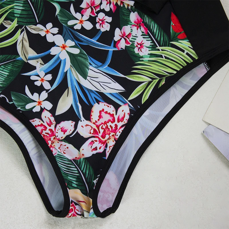 Print Floral One Piece Swimsuit Women Swimwear Monokini Long Sleeve Printed Female Bathing Suit Surfing Bodysuit Swim Wear Beach