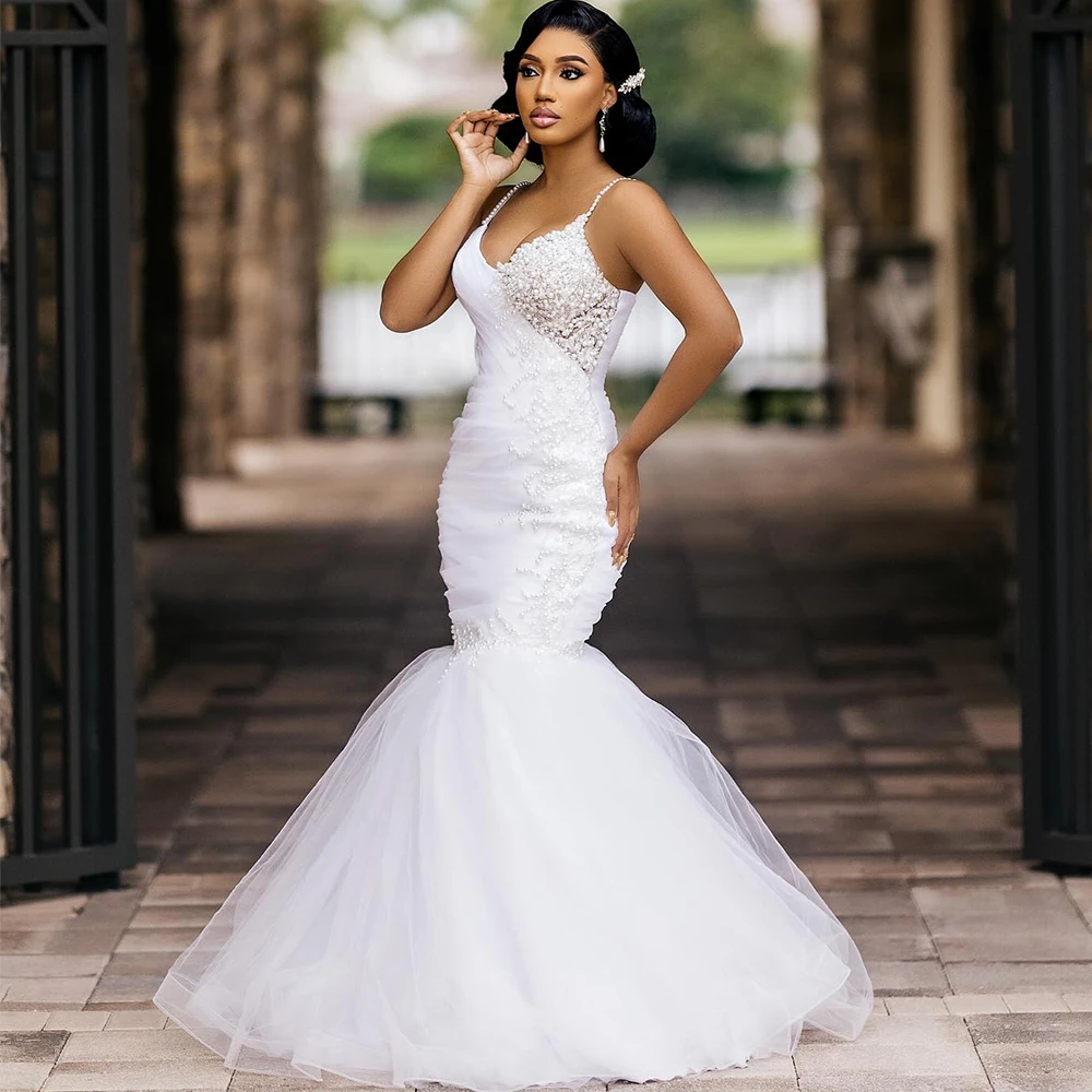 

White Mermaid Wedding Dresses for Bride 2025 Spaghetti Lace up Closure Appliques Beads Bridal Gowns robes de mariee Customzied