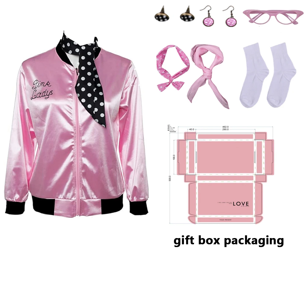 

Adult Grease Cosplay Costume Pink Ladies Retro Trench Jacket Coat Halloween Gift Solid Cheerleader Tracksuit Accessories