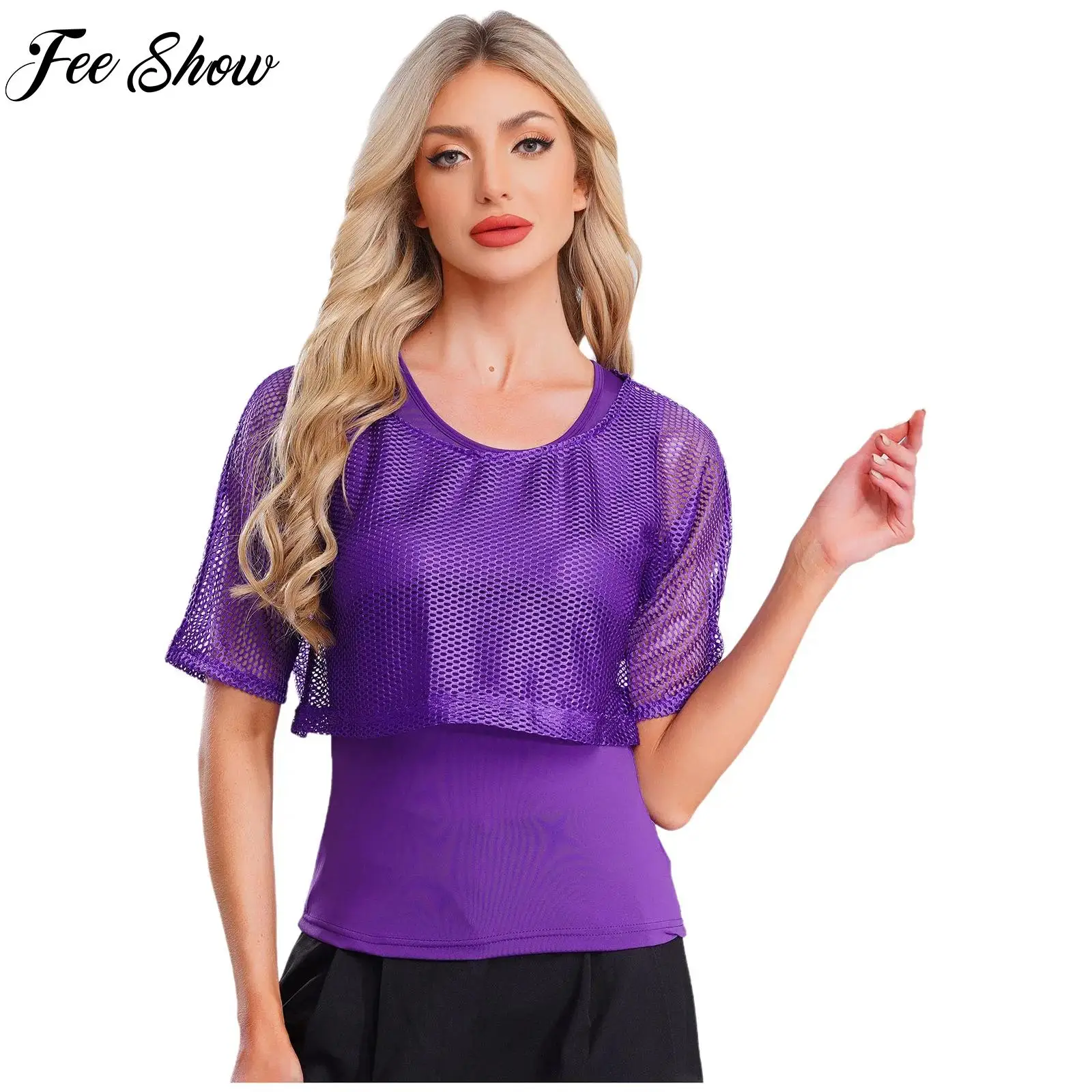 

Women 80s Rave Disco Dance Costume Performance Party Clubwear Short Sleeve Off Shoulder Fishnet Crop T-shirt+Basic Tank Tops Set