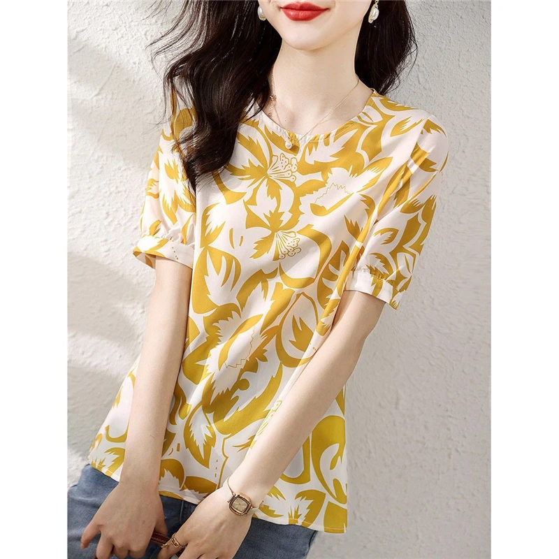 Women\'s Clothing 2023 Summer Korean Fashion Printed Elegant Blouse O Neck Short Sleeve Shirt Chic Sweet Loose Tops Female Blusas