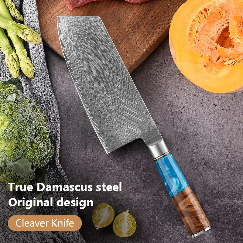 

7.5 inch Cleaver knife 67 Layer Damascus steel chef knife Slicing Meat Cleaver kitchen knife with Blue Resin Wood Handle
