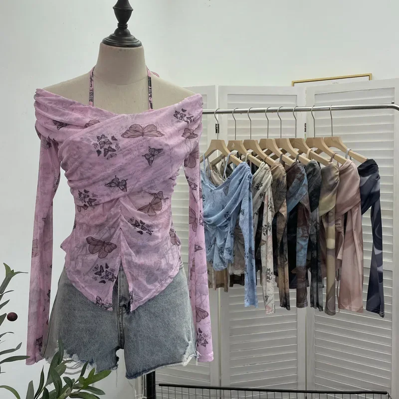 女性のためのセクシーな透明な長袖トップ,レースアップ,ホルターネック,スリムフィット,プリーツクロス,スリット,ショート,クラブストリートウェア,y2k