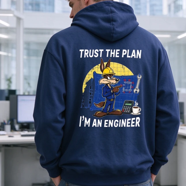 Trust The Plan Engineer Hoodie Funny Sweatshirt Coyote Blueprint Shirt Student Retro Comic Civil Top Sarcastic Apparel Unisex