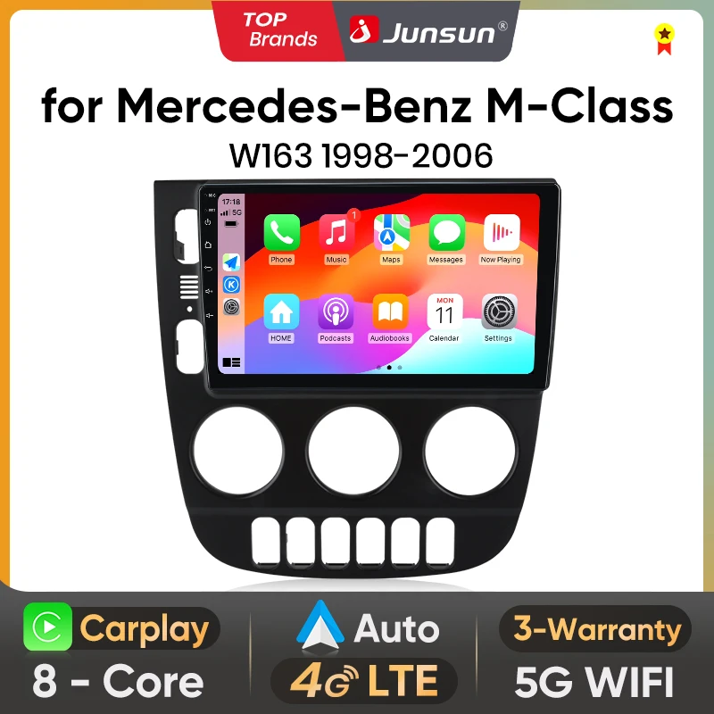 Junsun 8 Core sans fil CarPlay Android Auto autoradio pour Mercedes Benz classe M W163 ML 1998-2006 4G WiFi GPS Navigation stéréo