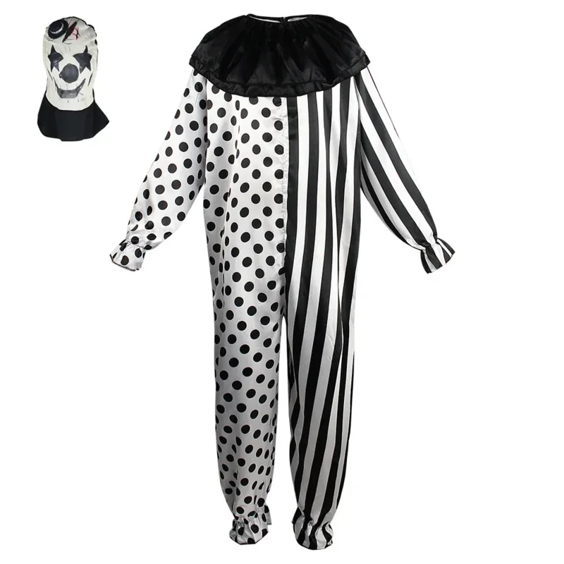 Macacão de terror sangrento Halloween masculino, fantasia de palhaço secreto, roupa de performance, vestido, máscara de performance preto e branco