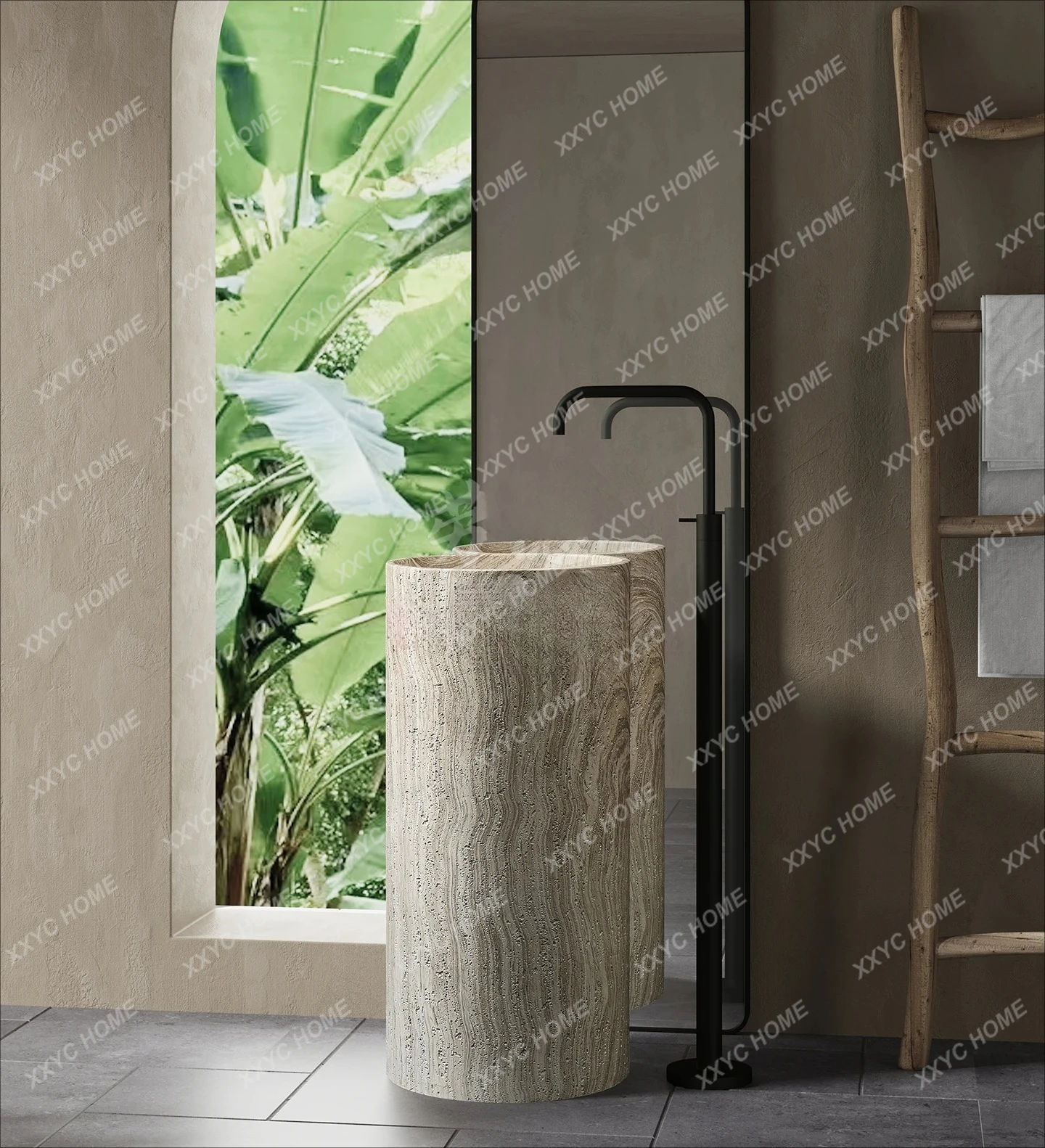 

Simple travertine round floor-to-ceiling hand wash face column basin B & B, bathroom
