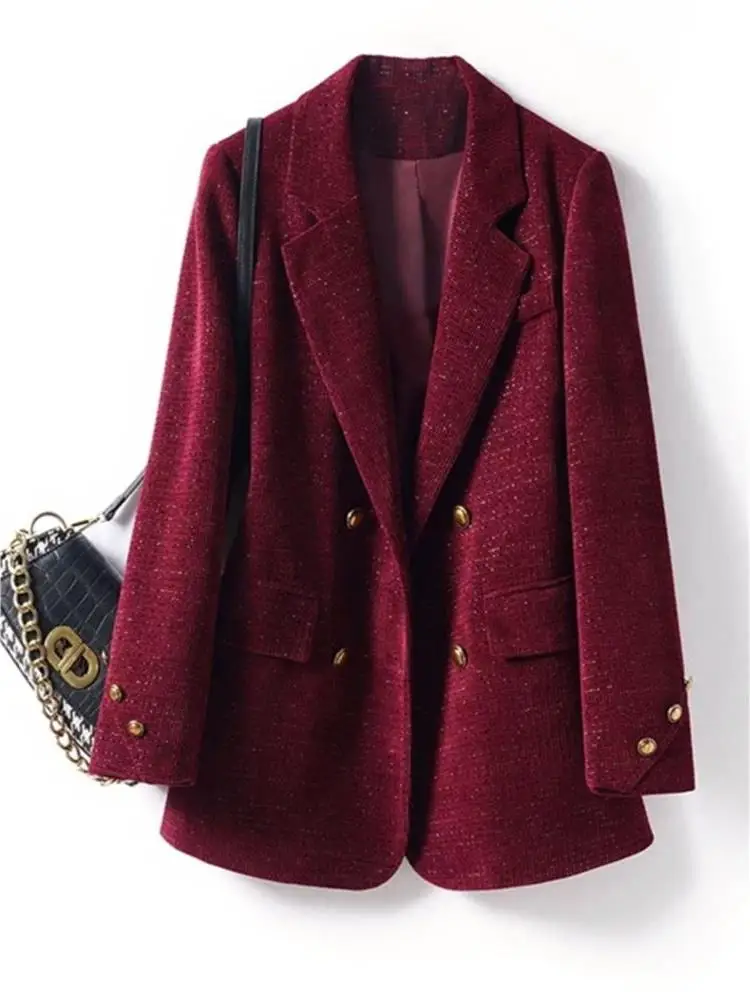 

Красный женский костюм-пиджак: универсальный, премиум-класса, весна-осень, новинка, элегантный крой, длинный рукав, двойная застежка на пуговицах