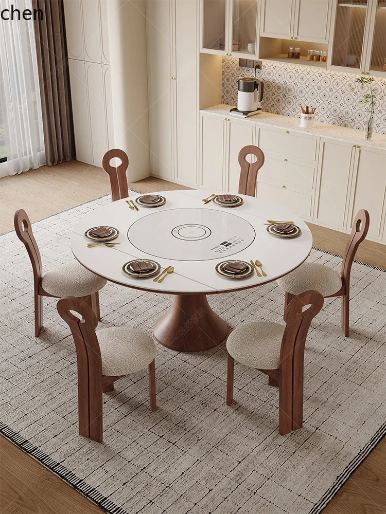 TQH6.17 rock slab dining table household small apartment with induction cooker turntable retro solid wood round table