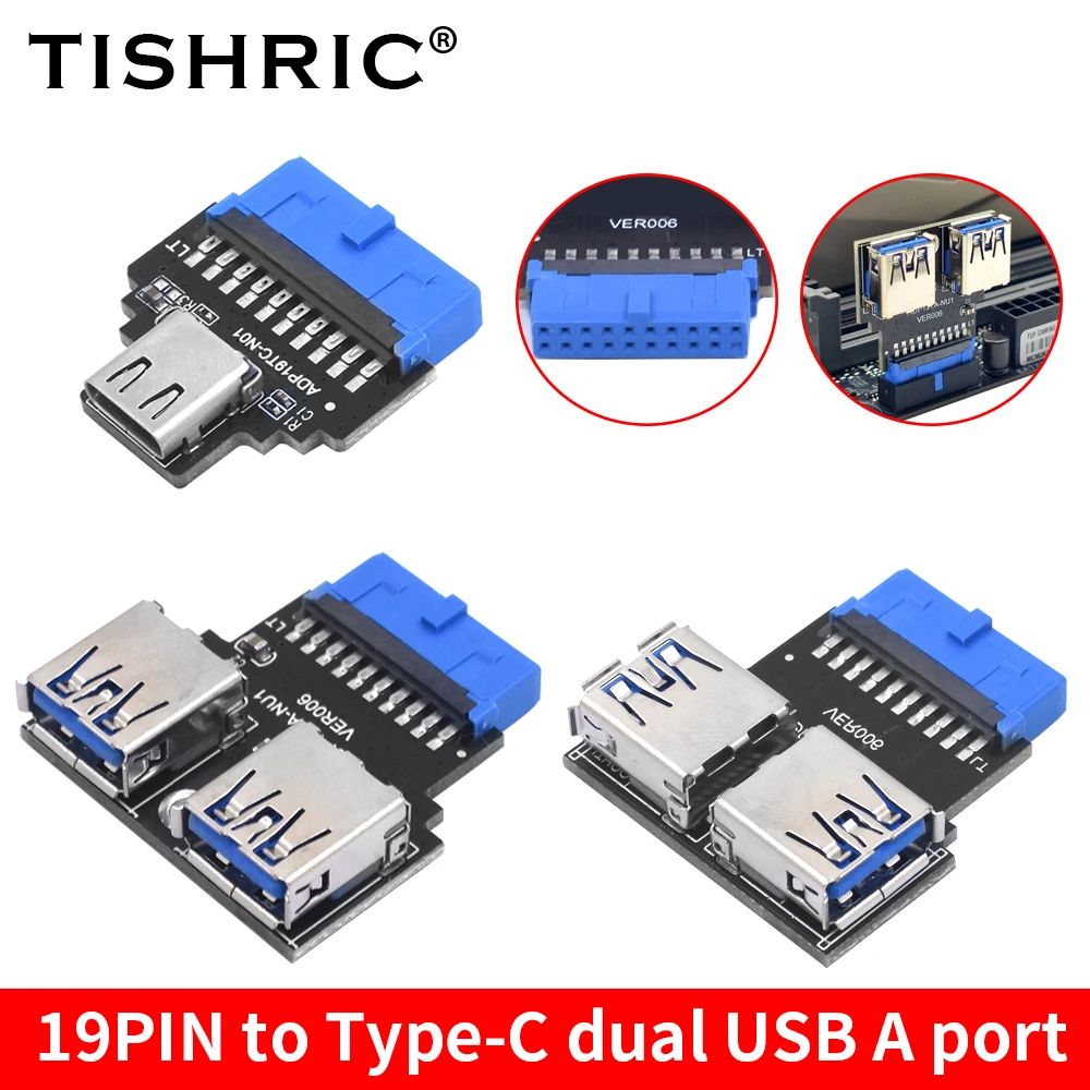 TISHRIC 19Pin To Type C Dual USB A Female Front Connector Converter USB3.2Gen1 19Pin USB 3.0 Adapter Plug-in Motherboard Plug