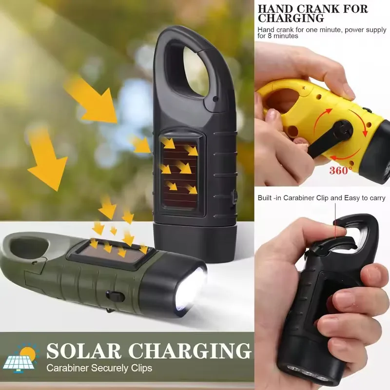 Outdoor LED Hand Pressing Dynamo Solar Crank Power Flashlight Torch Light Hand Press Crank Camping Lamp Light for Outdoor Home