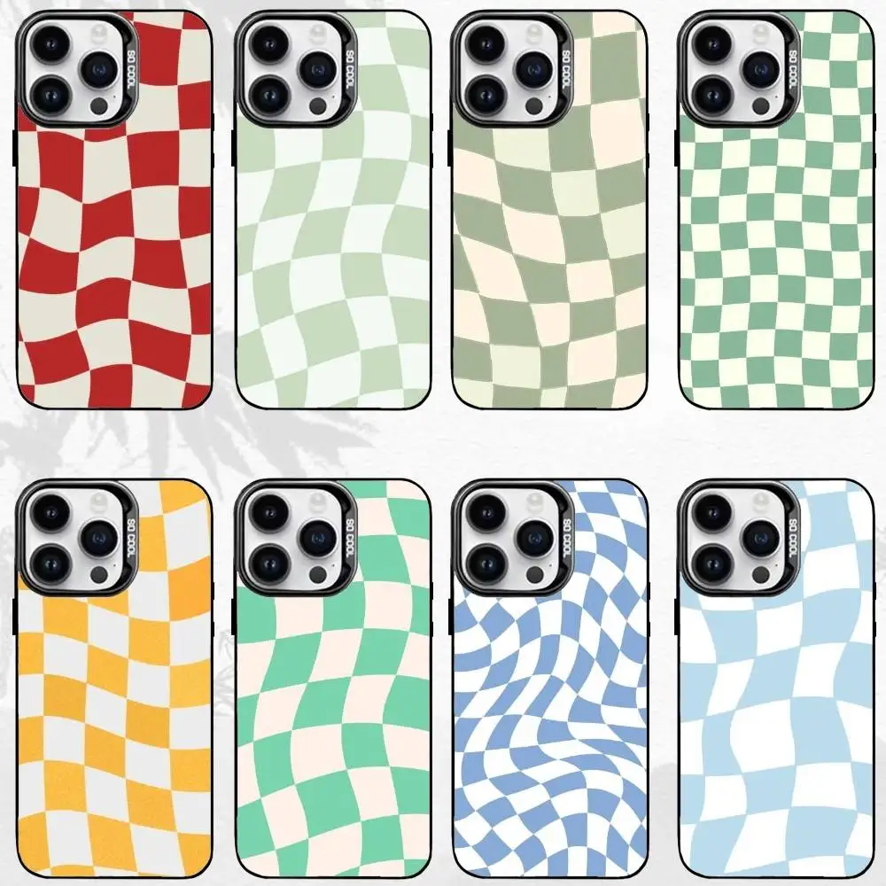 

C-Checkerboard checked chess board Phone Case For iPhone17,16,15,14,13,12,11 Plus,Pro Max Black Border Silver Plated Cover