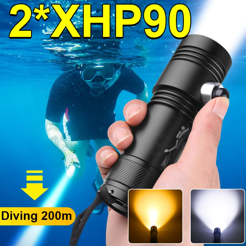 Newest Powerful Profession Led Diving Flashlight XHP90 Wick 2Modes Rechargeable Scuba Diving Torch Yellow Light Underwater Lamp