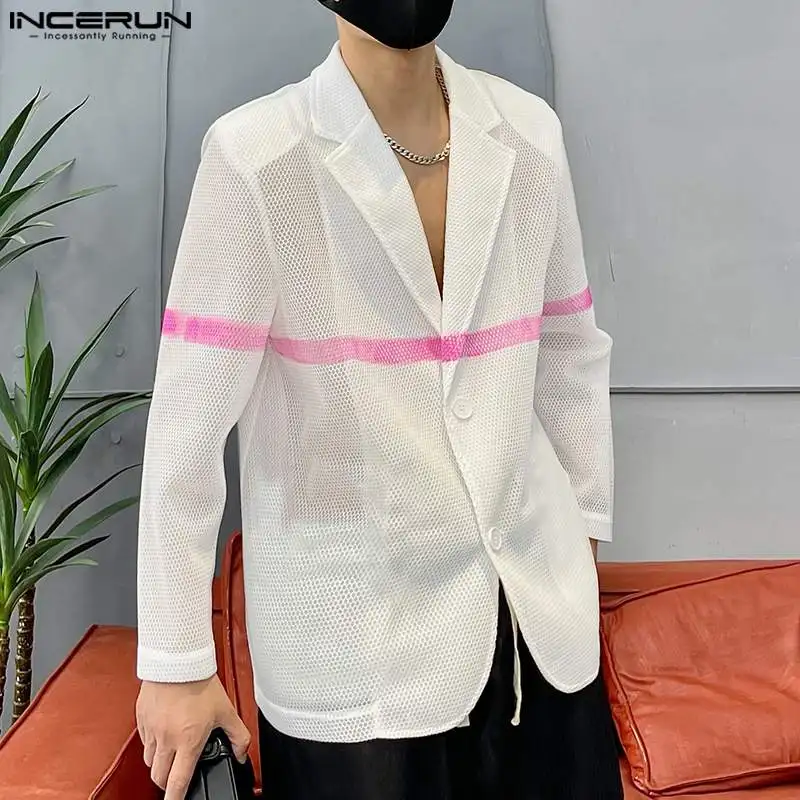 

INCERUN Tops 2024 Korean Style New Mens Mesh Contrast Color Design Suit Coats Casual Well Fitting Male Long Sleeved Blazer S-5XL