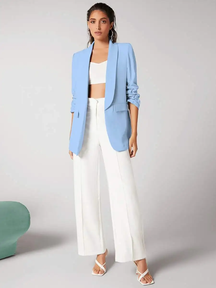 

Light Blue Shawl Collar Blazer Jacket with 3/4 Sleeves, Elegant Casual Fit for Office or Daily Wear