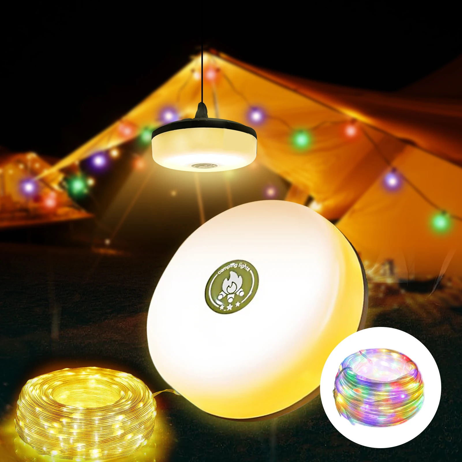 Multifunctional 10m Rechargeable Outdoor Camping String Light RGB Warm White Colorful Decor Lights Flashlight Quick Pack Lamp