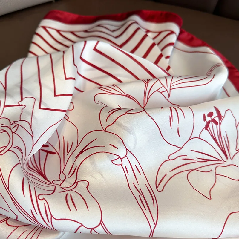 Frühling/Sommer Weiches Satin Imitation Seide Halstuch 2024 Neue Streifen Wrap für Frauen Atmungsaktive Blumen Druck Quadratischen Schal – Detail 3