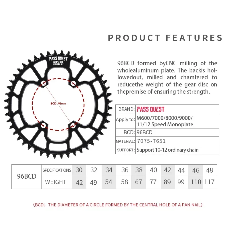 PASS QUEST BCD 96 BDC asymmetrical Crown 30 36 38T 48T 96bcd MTB Narrow Wide asymmetric chainring for M7000 M8000 M9000 M5100