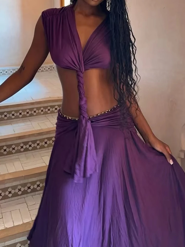 Whatiwear Backless Maxi Dress Woman Sexy Hollow Design Low-Neck Sleeveless Prom Party Waistless Ruched Midnight Elegant Vestidos