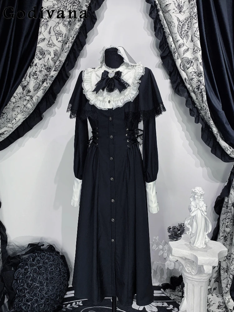 

Весеннее платье 2026 года, серийное производство, черное, с длинным рукавом, в японском стиле, женское, с завышенной талией, стройнящее, с кружевным бантом, длинное платье в стиле Лолита