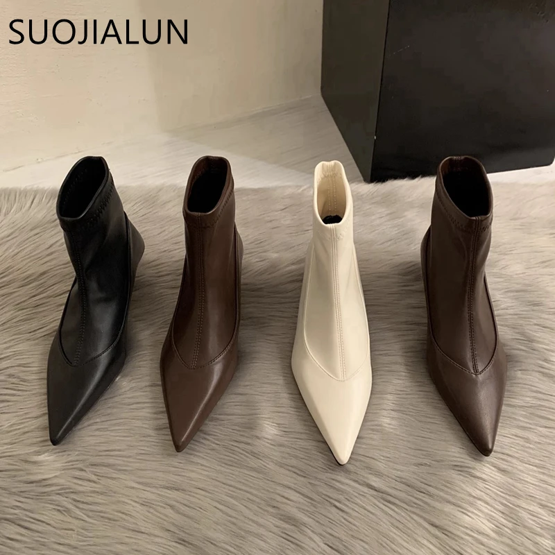 SUOJIALUN 2024 New Brand Women Ankle Boots Fashion Pointed Toe Slip On Ladies Elegant Short Boots Thin High Heel Dress Pumps Sho