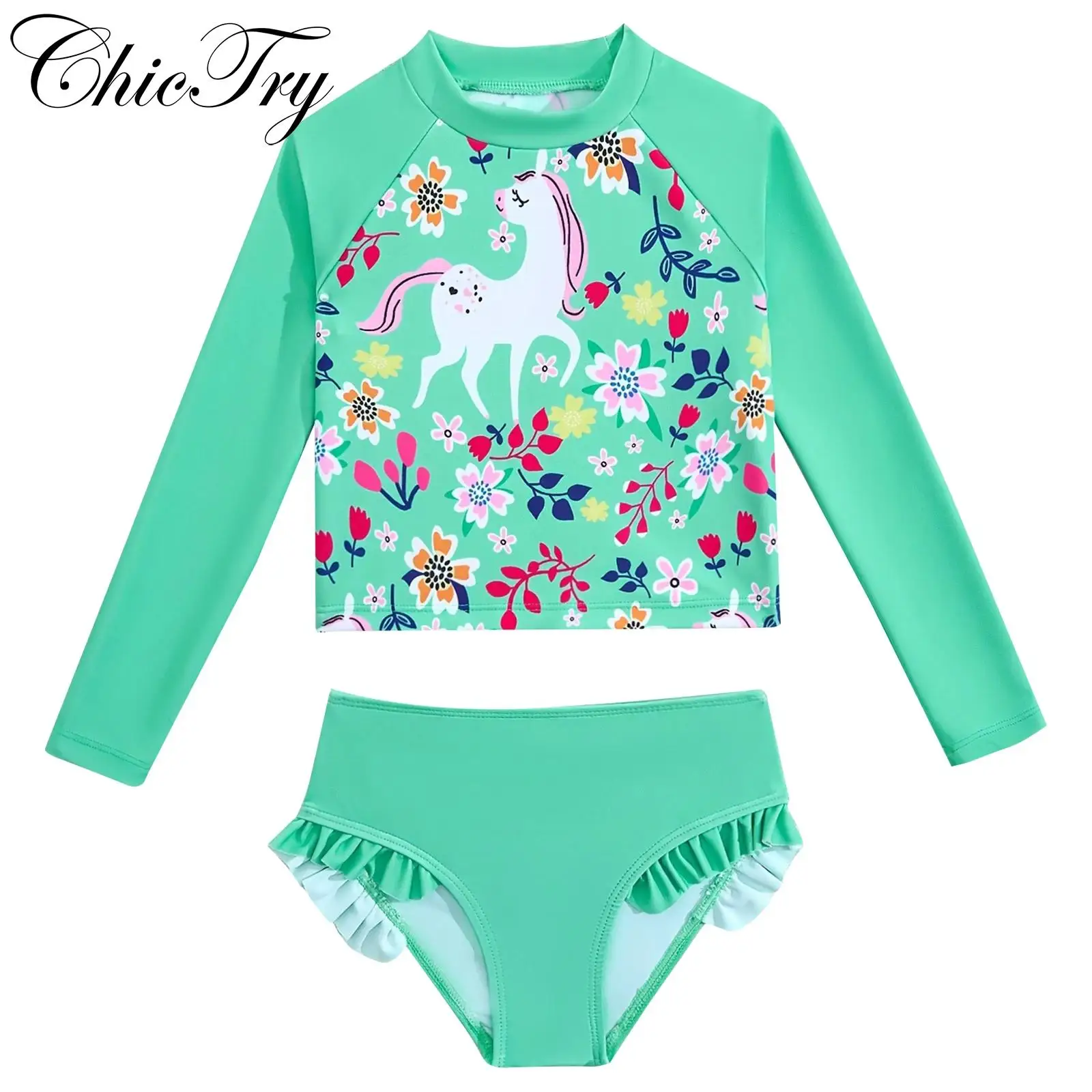 

Kids Girls Swim Sets 2-Piece Swimsuit Rash Guard Swimwear Long Sleeve Horse Floral Printed Top with Briefs for Swimming Surfing