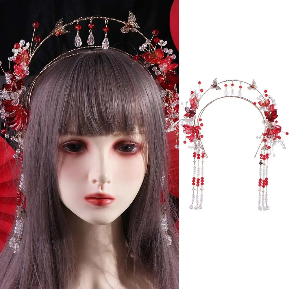 

Ancient Chinese Style Bride Tiaras Luxury Tassel Bride Headdress Gem Flower Wedding Hairband Hair Accessories