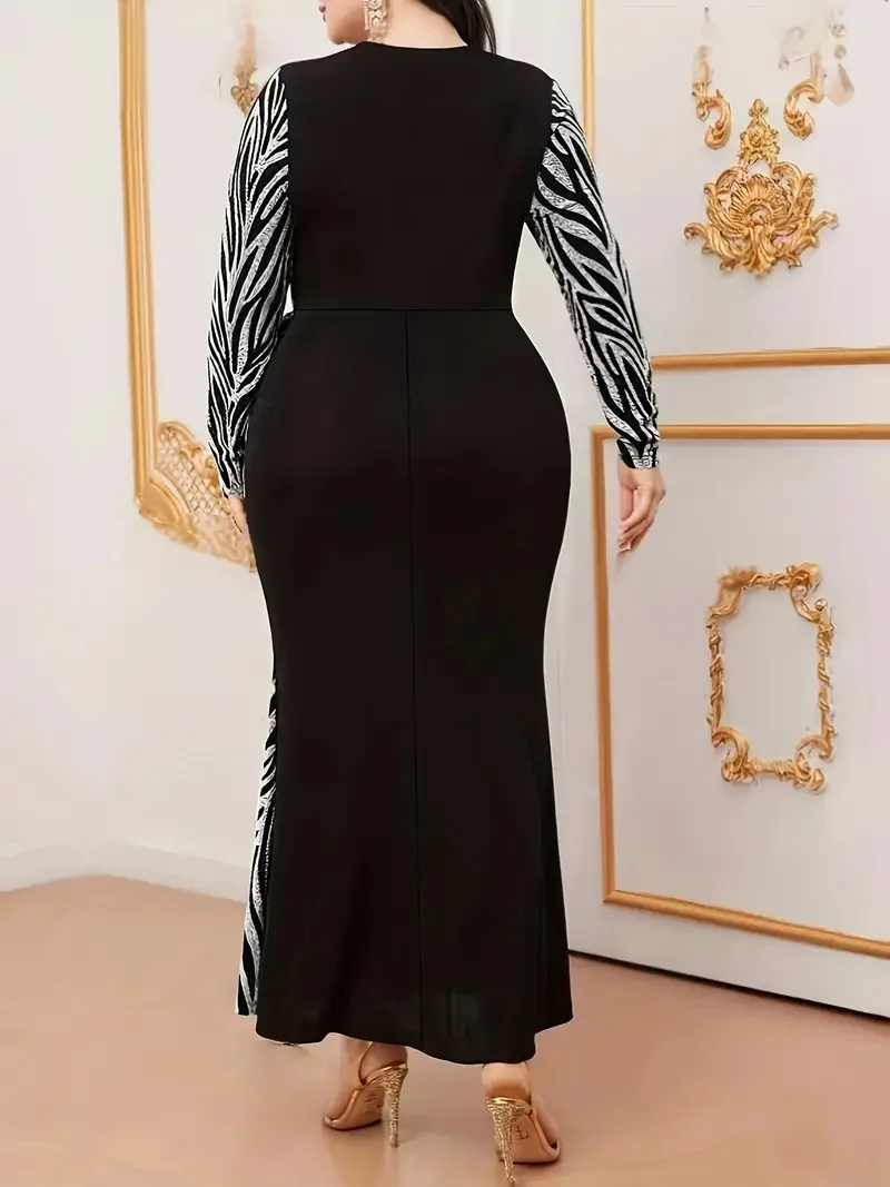 GIBSIE Plus Size V-neck Print Tie Mermaid Hem Dress Women Autumn New Black Elegant Long Sleeve Bodycon Maxi Dresses 2024 New