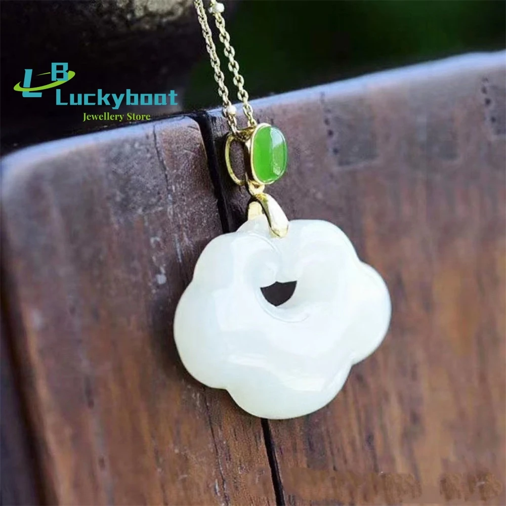 

Xinjiang Sheep Fat White Jade Gold Silk Jade Carving Auspicious Charm Pendant Safety Lock Natural Necklace Charm Gift