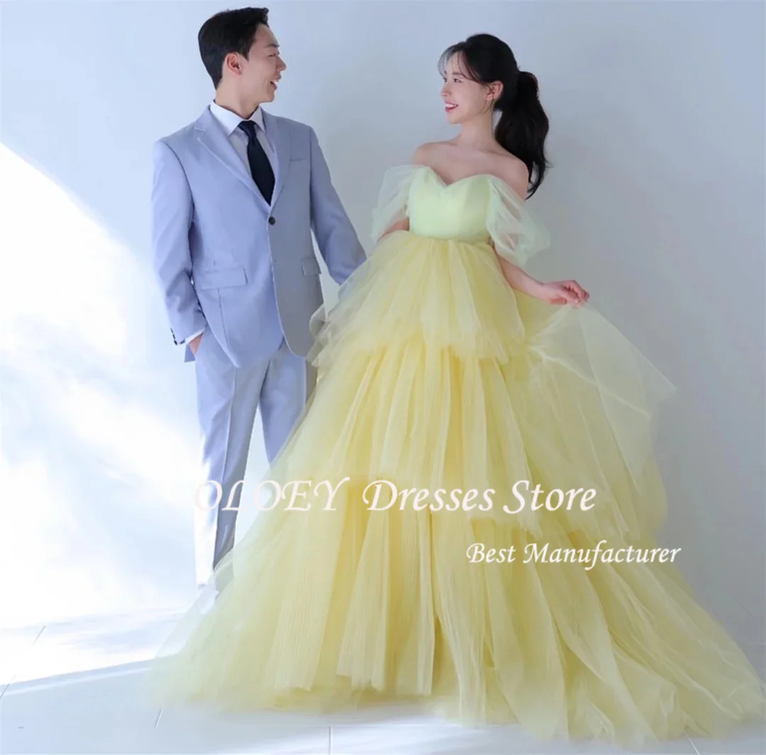 OLOEY Korea A-Line Yellow Sweetheart Tulle Tiered Short Sleeves Evening Dress Customized Formal Prom Dress Simple 웨딩드레스