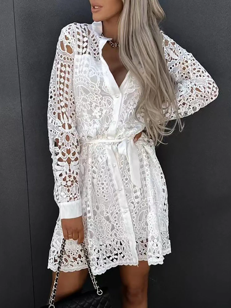 Spring Autumn Solid Vintage Women Hollow Out Mini Dress V-Neck Long Sleeve Casual Ladies Cardigan Dress Streetwear Dropshipping