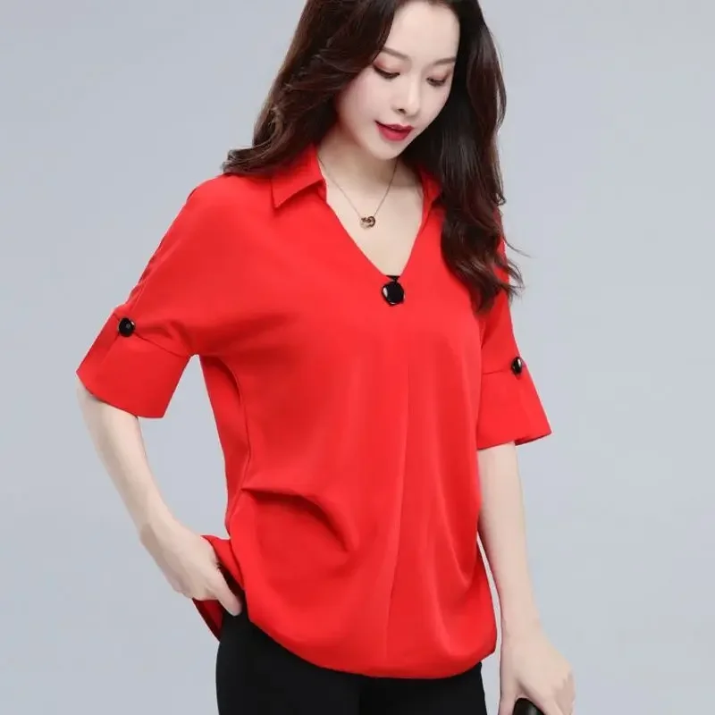 Western Style Large Size Short Sleeved Casual Loose Shirt for Women\'s New Summer Slimming Covering the Belly Quality Chiffon Top