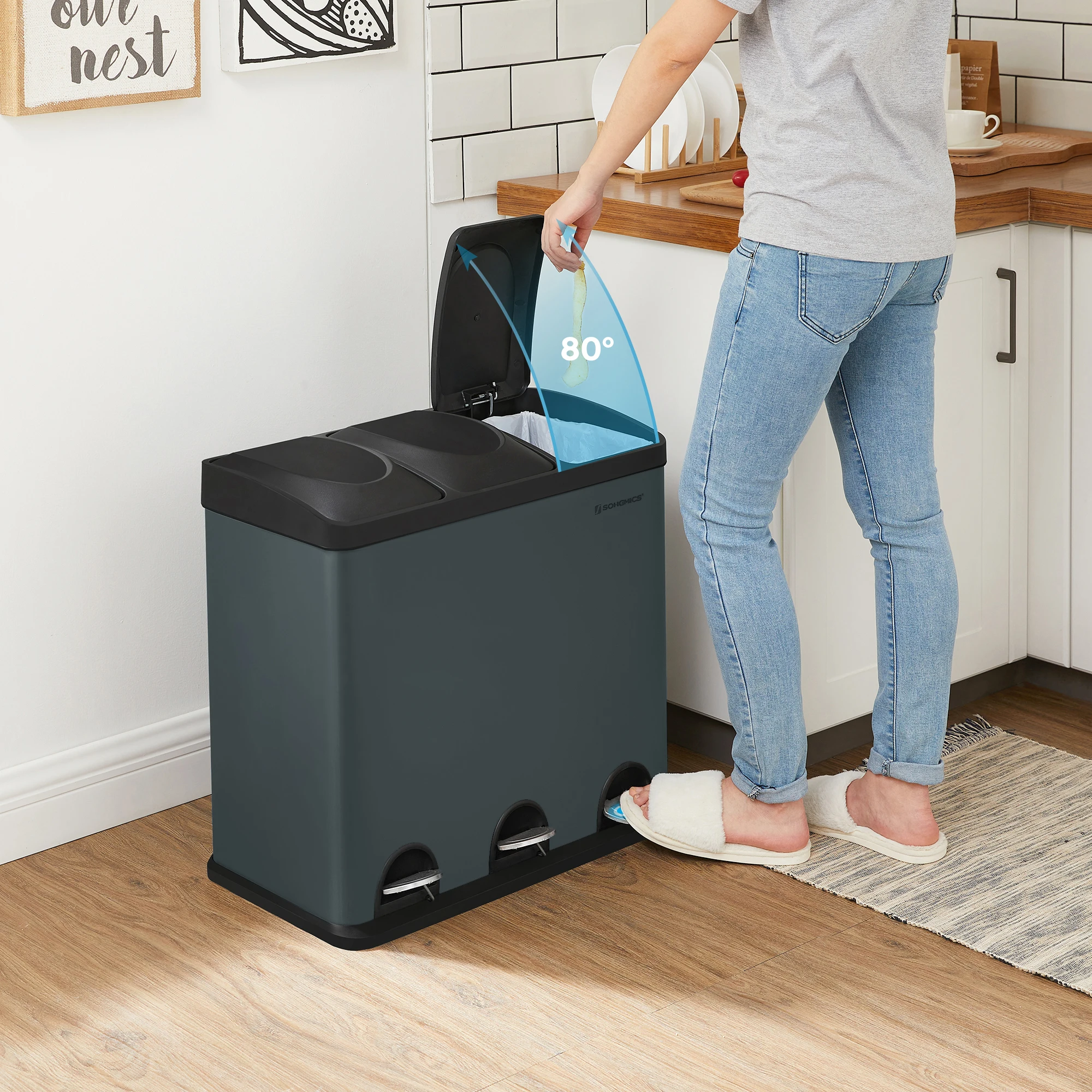SONGMICS cubo de basura de cocina Treading Pimmer con 3 compartimentos, cubos interiores y 6 pegatinas para separación de residuos, 60,4x30x56,3 cm