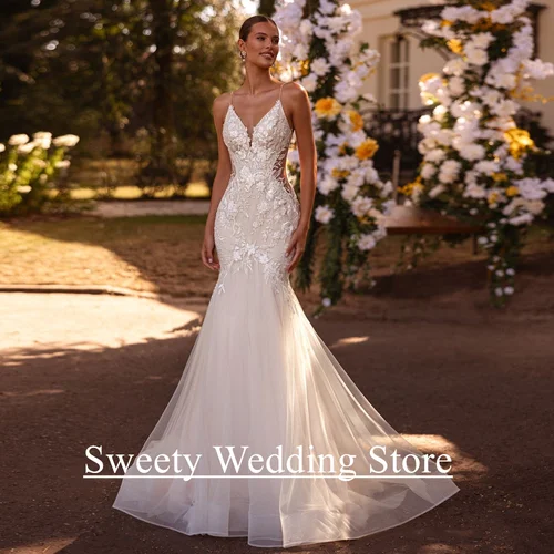 Vestido de novia Sexy de sirena para mujer, Vestido de novia personalizado con tirantes finos y cuello en V, apliques de lentejuelas, cola de barrido, Vestido de novia