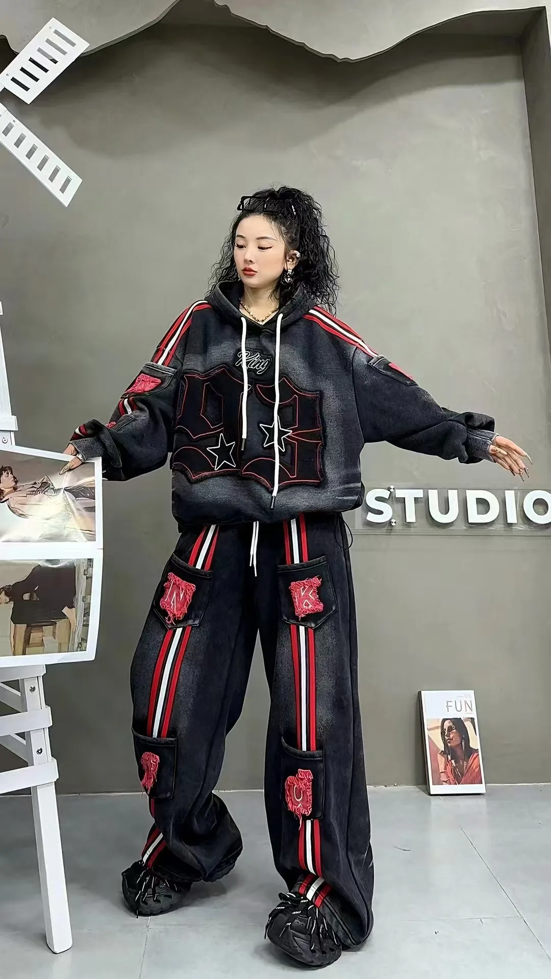 European Style Fleece-Lined Casual Pants for Women 2025 Autumn Winter New Striped Patch Letter Washed Cotton Loose Long Pants