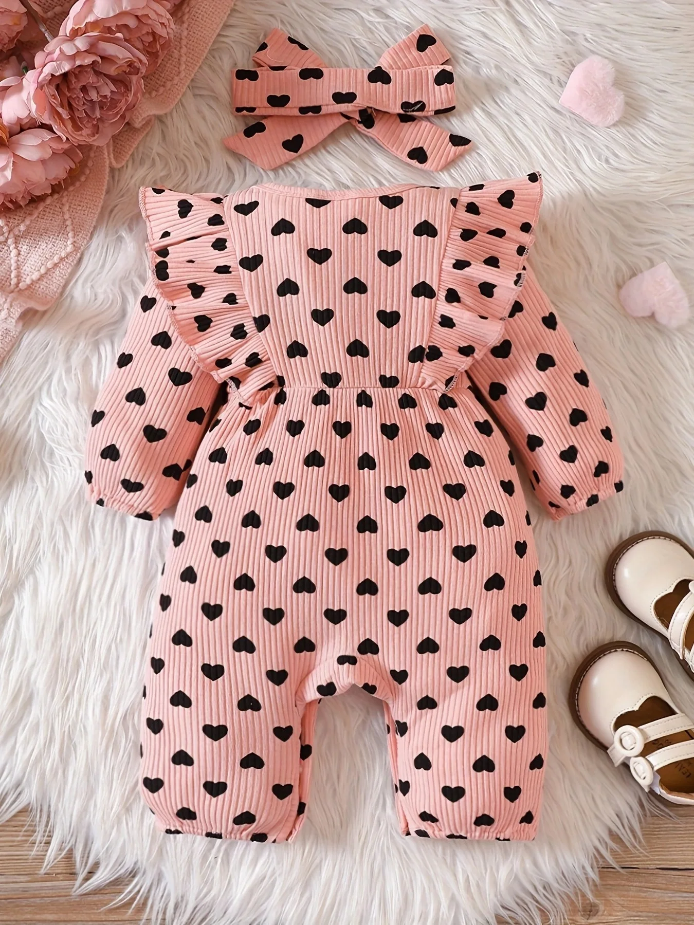 0-18 months Spring and Autumn New Newborn Infants and Girls Love Printed Bow Long sleeved Cute jumpsuit