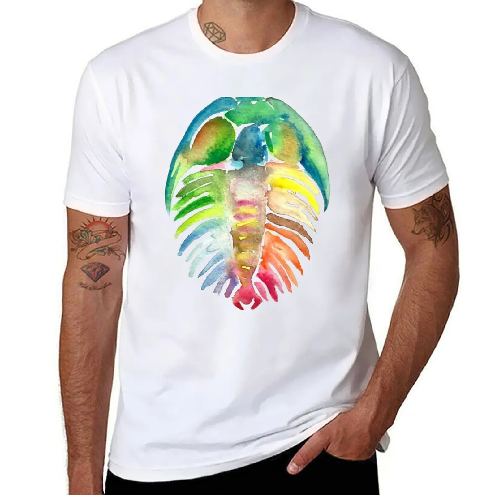 Watercolor Fossil Trilobite in Rainbow T-Shirt cotton t shirt pack t shirt man casual T-Shirt