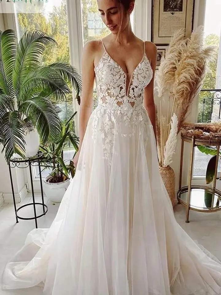 

Flavinke Illusion Beach Wedding Dresses 2024 Long Tulle Lace Vintage Bridal Gown A-Line Court Train V-Neck Vestido de Noiva